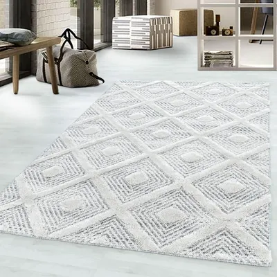 Produktbild von Wohnzimmerteppich, Designerteppich mit kurzem Flor, Schlingengarn, Rautenmuster, Quadratisches Gitter 200 x 290 cm