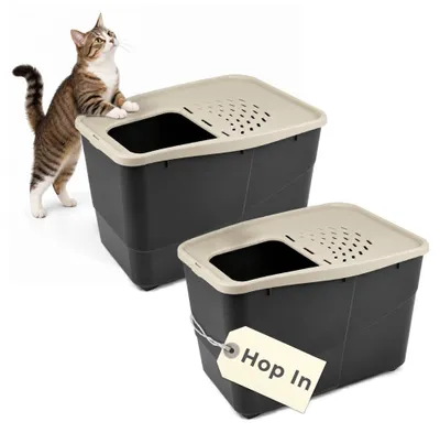 Produktbild von 2er Set Hop In Katzenklo XXL große Katzen Klo Oben Einstieg Katzentoilette geschlossen Katzenklo mit Deckel Katzen WC hoher Rand Katzentoilette Top Eingang Katzentonne