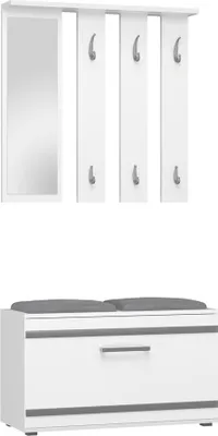 Produktbild von Opal-Kleiderschrank mit Spiegel, Schuhschrank und Sitz – praktischer Kleiderbügel | Farbe: Mattweiß