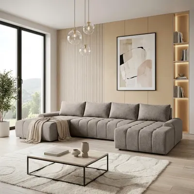 Image de BEAUTYSOFA | Canapé d'angle Costa U - Canapé d'angle avec fonction couchage et coffre de rangement - Tissu Vogue couleur cappuccino