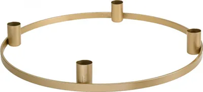 A circular metal candle holder with four candle holders.