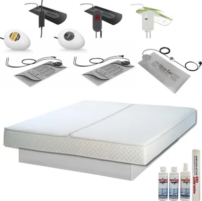 A collage of waterbed components and accessories arranged around a waterbed mattress.