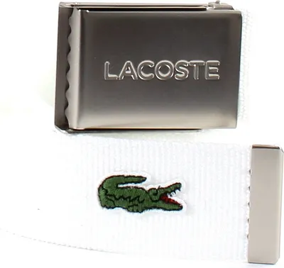 A close-up view of a white belt with a silver buckle and a green crocodile logo.
