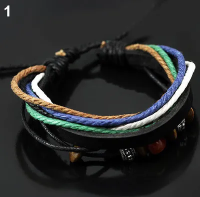 Produktbild von 1 Stück Uni Chic mehrschichtiges Kunstleder Seil Kette Perlen Charms Armband-Blau