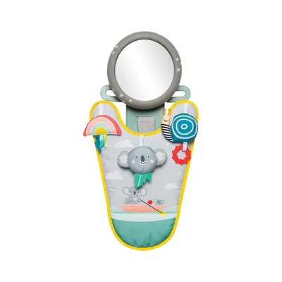 A baby activity toy with a mirror and various hanging toys, designed to attach to a car seat or stroller.