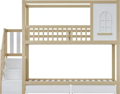 Produktbild von 90x200cm Naturbelassen Etagenbett Ohne Matratze Kinderbett Massivholz Doppelbett Hausform Fenstern Aufbewahrungsschubladen Sicherheitsleiter Jugendbett
