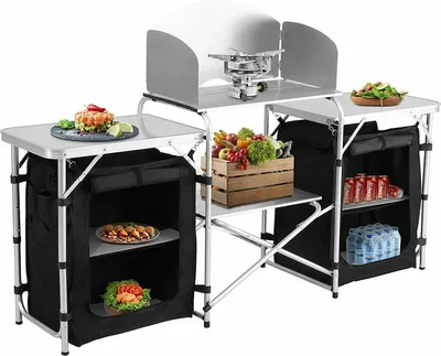 Zdjęcie produktu dla Happyment Camping Kitchen Deluxe - 2 w 1 - składana - kuchnia kempingowa - schowek i płyta grzewcza - czarny/srebrny