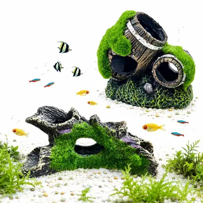 Produktbild von FuYelng 2 Stücke Aquarium Rock Cave Dekoration Harz mit Grün Gras (D)
