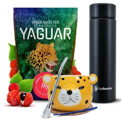 Produktbild von Yaguar - Yerba Mate Tee Set Energia Guarana 500g - LED Thermoskanne 480ml - Keramik Becher Gatito 300ml - Bombilla - Rauchgetrocknet, Mild - Brasilien