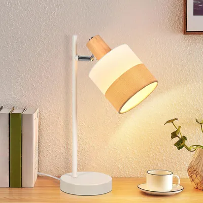 Immagine prodotto di ZMH lampada da comodino da salotto lampada da tavolo in legno con cavo E14 lampada da comodino in tessuto lampada da letto retrò ruotabile (senza lampadina)