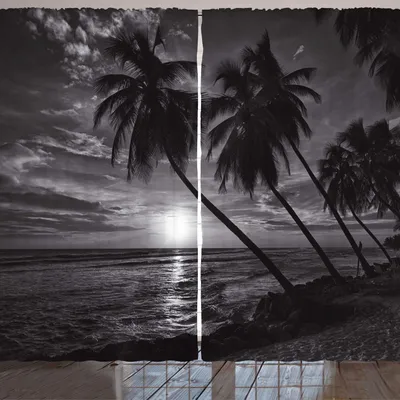 Produktbild von ARANDE Tropisch Gardine, Kokosnuss-Palmen auf Strand biegen durch den Wind-Horizont über dem Seebild ab, 280 x 260 cm, Schwarz und weiß