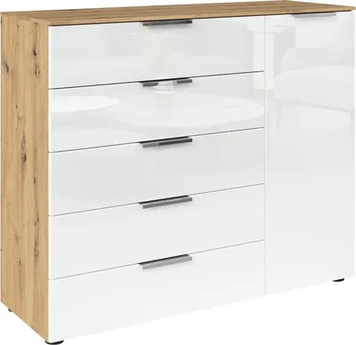 Produktbild von Kommode - 120 x 100 cm - 1 Tür - 5 Schubladen - Artisan Eiche Nachbildung - Weiß - Glas