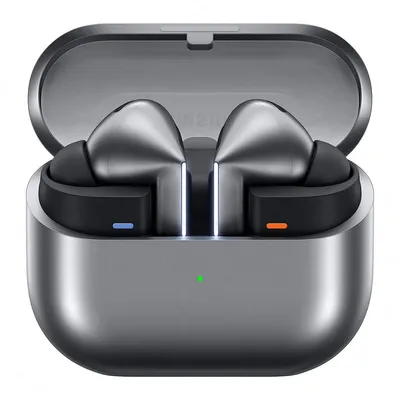 A pair of graphite-colored wireless earbuds in their open charging case.