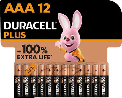 A display pack of Duracell Plus AAA batteries featuring the Duracell Bunny mascot and promotional text.