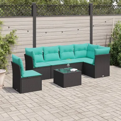 Produktbild von CLORIS 7-tlg. Garten-Sofagarnitur - mit Kissen - Schwarz Poly Rattan - Gartenmöbelgarnituren LL0000257088