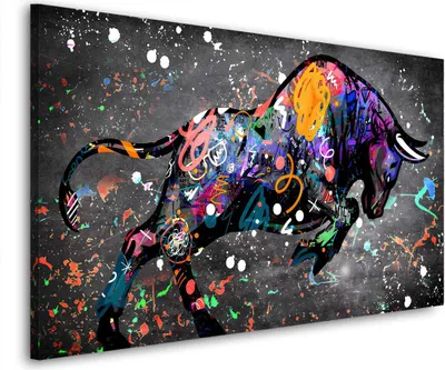 Produktbild von Bunter Stier Graffiti Black Style Wandbild Leinwandbild Kunstdruck XL Wanddeko: 120x80x4cm