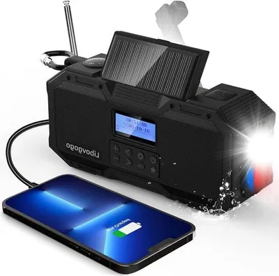 Immagine prodotto di Radio DAB+-FM portatile con altoparlante Bluetooth, resistente agli schizzi, telefono cellulare, powerbank da 4000 mAh, ricarica solare e luce LED.