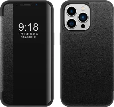 Image de Étui pour iPhone 14 Pro étui fin à rabat en cuirPolyuréthaneavec fenêtre d'affichage noir