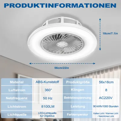 Produktbild von YRHome 90W LED Deckenleuchte, dimmbare Ventilatorlampe mit integriertem Deckenventilator aus Acryl, Fernbedienung, 3 Lichtfarben, Deckenventilatorleuchte für Innenräume