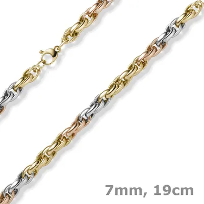 Produktbild von 7mm Kordel-Armband Armschmuck aus 585 Gold gelb/weiß/rot tricolor 19cm Armkette