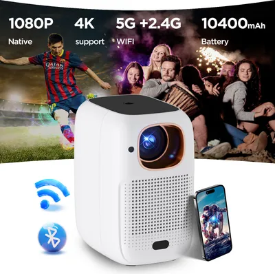 A white mini-projector is shown in the foreground, with a background depicting a football match and a group of people enjoying an outdoor gathering. Text overlays highlight product features.