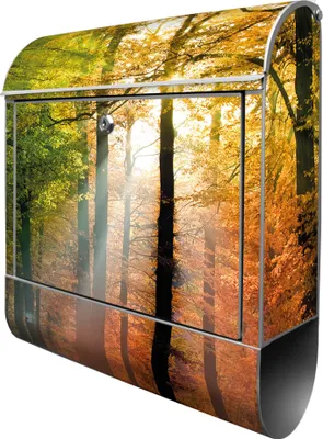 Produktbild von banjado Design Briefkasten Stahl silber mit Zeitungsfach pulverbeschichtet "Herbstwald" 38x46x12,5cm & 2 Schlüssel - Postkasten A4 Einwurf inkl. Montagematerial [BK 10041]
