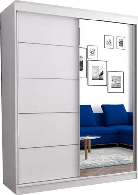 Produktbild von Kleiderschrank mit Spiegel Schwebetürenschrank 2-türig Schrank mit vielen Einlegeböden und Kleiderstange Gaderobe Schiebtüren Schlafzimmer - Wohnzimmerschrank, Schiebtürenschrank, Modern Design 150 x 200 x 61 cm - Lara 05 (Weiß)
