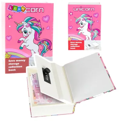 Produktbild von Verstecktes Buch-Sparschwein, sicherer Code, Einhorn, Rosa