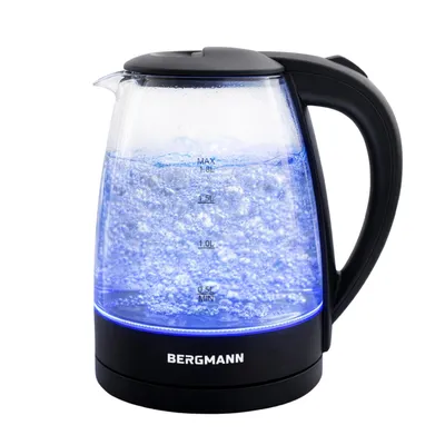 Zdjęcie produktu dla Czajnik elektryczny szklany BERGMANN ZH001 z podświetleniem LED, automatycznym wyłącznikiem i zabezpieczeniem przed przegrzaniem 1,8L 2200W