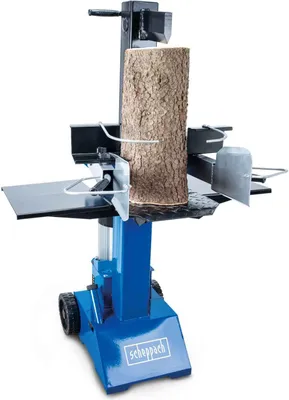 A blue and black log splitter with a log in place, shown against a white background.