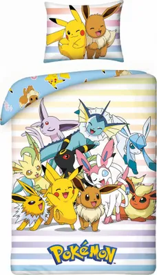 A collection of Pokemon characters on a bedding set with a pillow.