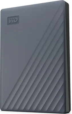 A gray external hard drive with a diagonal ribbed pattern on its surface.