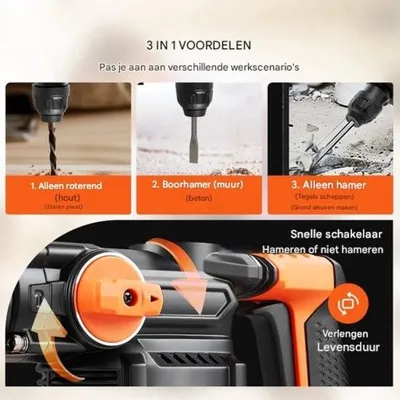 Immagine prodotto di Trapano a percussione - Trapano - Trapano per calcestruzzo - Con valigetta - Con accessori - 2x batteria