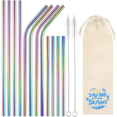 Produktbild von Wiederverwendbare Trinkhalme Edelstahl 12er Set Bunt BPA-frei mit 2 Reinigungsbürsten Spülmaschinenfest für Cocktails Smoothies Säfte