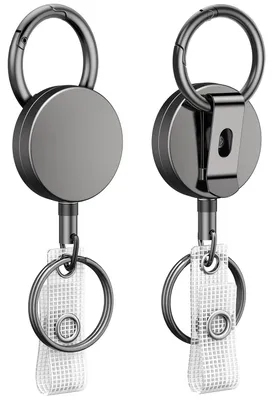 Image de 2 porte-clés rétractables avec cordon, en métal, avec mécanisme à ressort, cordon en nylon de 60 cm, mousqueton, clip de ceinture et anneau pour clés