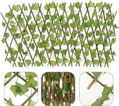 A close-up view of a green artificial ivy trellis fence.