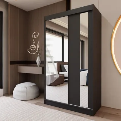 Image de BEAUTYSOFA Armoire à portes coulissantes GAJA II 120 cm - armoire à deux portes, penderie, armoire avec miroirs, tringle à vêtements et 2 tiroirs, couleur : noir