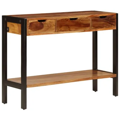 A wooden sideboard with three drawers and a shelf, supported by a black metal frame, is presented against a white background.
