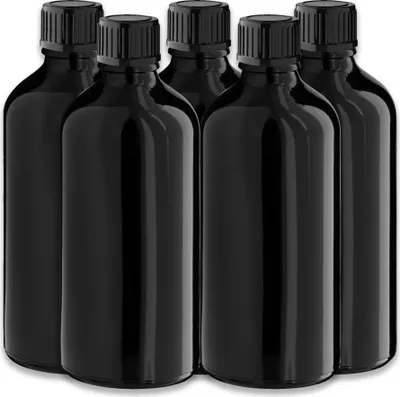 Produktbild von 5x Glasflasche schwarz 100 ml mit schwarzem PP-Deckel Schraubverschluss