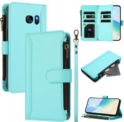 Image de Etui pour Samsung Galaxy S7, zippé, étui portefeuille en cuirPolyuréthaneavec pochettes pour cartes, support et dragonne vert menthe