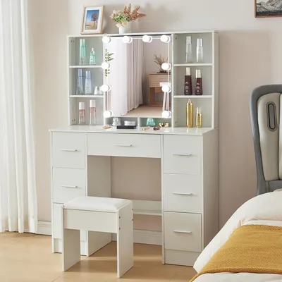 Image de Table de maquillage avec miroir et tabouret, éclairage réglable, 7 tiroirs, dimensions : 100 x 40 x 140 cm