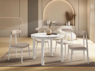 Produktbild von Runder Ausziehbarer Esstisch mit Weißem Metallgestell – Tisch mit Weißen Metallbeinen im Loft-Stil – Platzsparender Tisch für Wohnzimmer, Esszimmer oder Küche – Weißer Marmor – 100 bis 180 cm