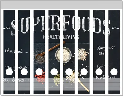 Produktbild von Wallario Ordnerrücken Sticker, selbstklebend für schmale Ordner, 8 Stück, Motiv Superfoods auf einer Schieferplatte - Gesunde Ernährung