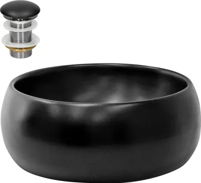 Produktbild von LuxeBath Waschbecken Aufsatzwaschbecken Rund, Ø 40x15,5 cm, Schwarz, aus Keramik, inkl. Ablaufgarnitur ohne Überlauf