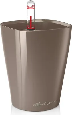 Image de LECHUZA Pot à plantes Mini-DELTINI Premium Taupe brillant | Pot de table avec arrosage et bac à plantes | Surface brillante |10 x 10 x 13 cm| 14959
