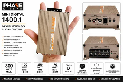 Produktbild von Phase Linear Mini Digital 1-Kanal Endstufe 800 Watt Class-D Monoblock mit Bass-Fernbedienung Versandrückläufer, KI-generiertes Bild