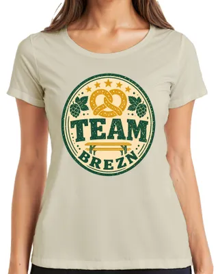 Imagen del producto de Camiseta para mujer, diseño "Oktoberfest", con motivos de Brezn, Bayern, Brezel, Biergarten y Lederhose. Color: natural. Talla: M