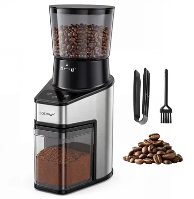 Productafbeelding van COSTWAY Elektrische koffiemolen met conische maalwerken, espressomolen met 60 maalstanden, timer van 1-60 seconden en geschikt voor 1-8 kopjes, met 250 gram koffiebonen, borstel en klem
