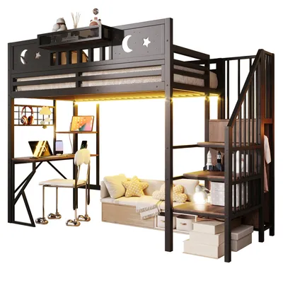 Produktbild von Hochbett mit Schreibtisch, Stauraum, RGB LED-Streifen, Lattenrost, Treppe, Regalen, Wandgitter und Kleiderstange, 90x200 cm