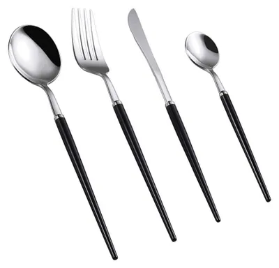 Produktbild von Silberbesteck-Set mit einfarbigem Griff, 4-teiliges Edelstahl-Besteckset, Küchenbesteck-Set für 1 Person, schwarz